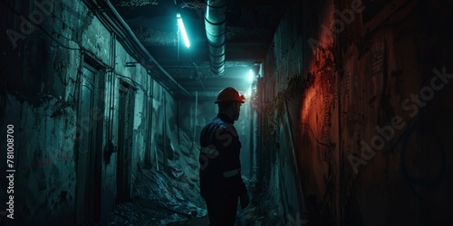 A man in a red helmet stands in a dark  narrow tunnel. The tunnel is dirty and has graffiti on the walls. The man is wearing a reflective vest and a hard hat