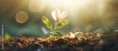 Young green plant emerging from the soil in a macro view © Ilgun