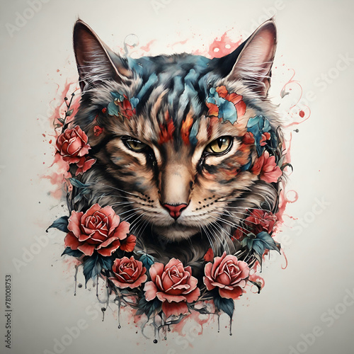 Cat and flowers clourful tattoo image photo