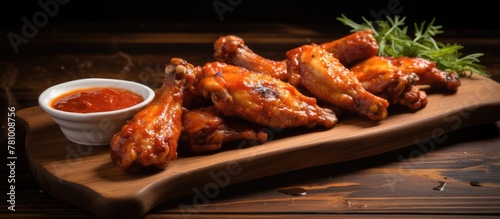 Wings coated in flavorful sauce served on a rustic wooden board for a delectable presentation