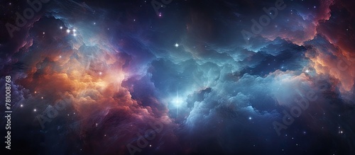 Vivid depiction of a dark blue and orange nebula with sparkling stars against a cosmic backdrop, ideal for astronomy and space-themed designs photo