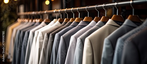 Various stylish suits neatly arranged on hangers hanging on a clothing rack