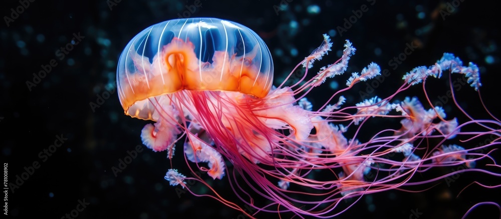 Obraz premium Graceful jellyfish with a vibrant pink and white tail elegantly gliding through the clear ocean waters