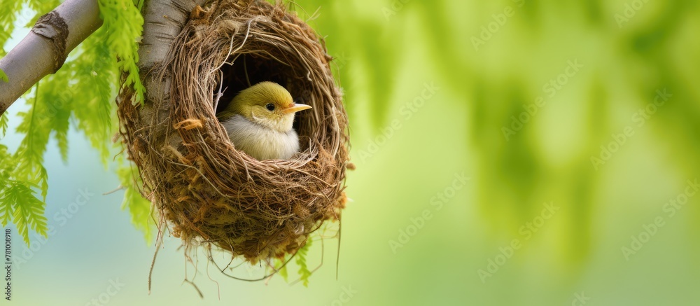 Resting bird in natural wicker nest atop tree branches with green foliage background Resting bird in natural wicker nest atop tree branches with green foliage background