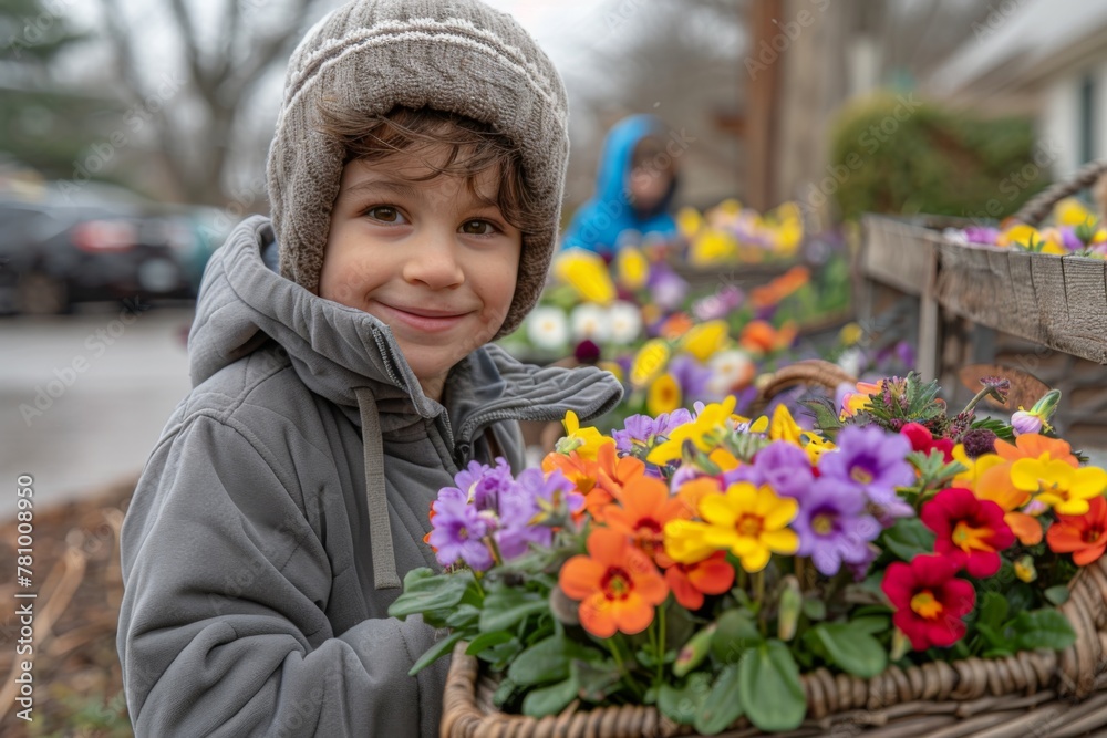 A cheerful boy, adorned with a warm hat and jacket, smiles behind a vibrant array of market flowers. A cheerful boy, adorned with a warm hat and jacket, smiles behind a vibrant array of market flowers.