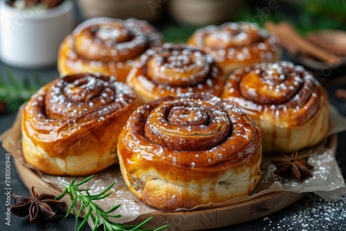 Delectable cinnamon rolls with chocolate sprinkles, up-close and aromatic, set on rustic wood with a sprig of rosemary.