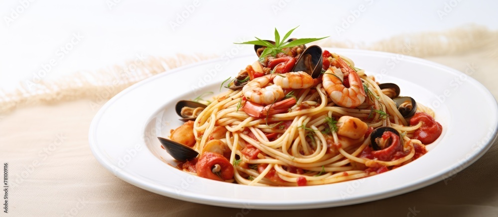A plate of delicious pasta topped with succulent shrimp and mussels, a delightful seafood dish