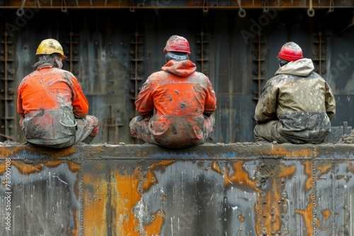 Three construction workers, viewed from the back, are seated on a concrete beam, taking a break from their hard work at the construction site.