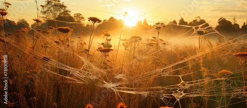 Spider web intricately woven in a field of green grass, illuminated by the setting sun