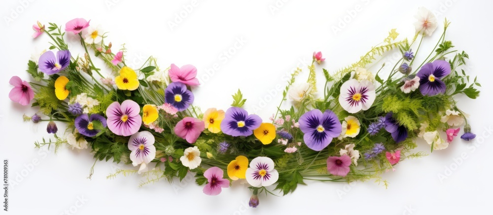 A beautiful arrangement of vibrant purple, sunny yellow, and pristine white flowers close up. A beautiful arrangement of vibrant purple, sunny yellow, and pristine white flowers close up.