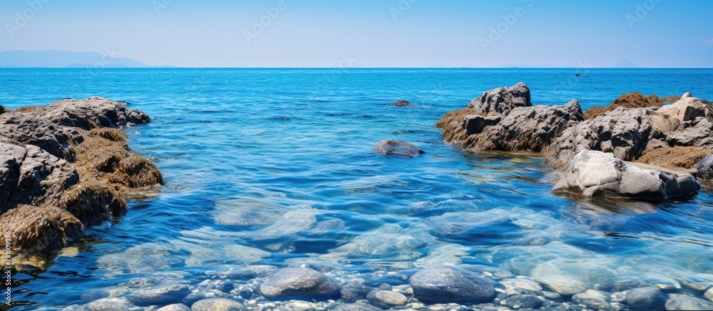 Ocean landscape featuring tranquil waters, rocky shoreline, and clear blue skies in the background