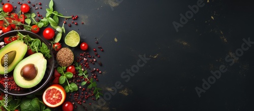 A mix of vibrant fruits and vegetables arranged in a bowl on a sleek black countertop