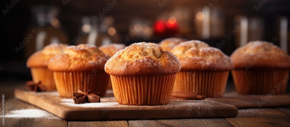 Homemade muffins displayed on a wooden cutting board with cinnamon sticks on the side Homemade muffins displayed on a wooden cutting board with cinnamon sticks on the side