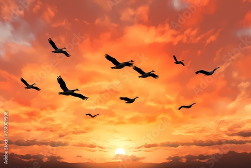 Dynamic flock of migrating geese soaring across a vivid autumn sky, wings beating in harmonious rhythm, isolated on white solid background