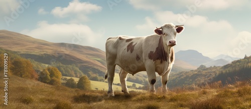 Majestic cow grazes on a hill with stunning mountains in the background photo