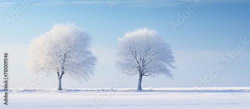 Two tall trees standing in a wintery landscape covered in snow photo