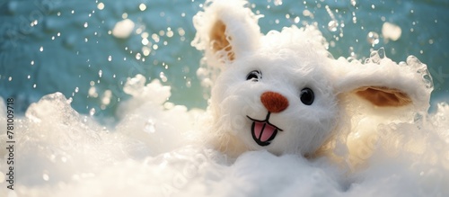 A smiling stuffed animal immersed in foamy water, enjoying a playful bath photo