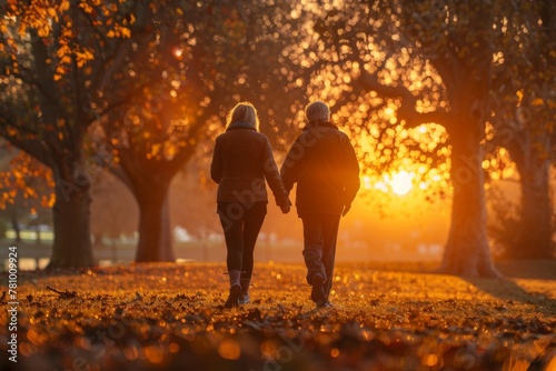 A couple holding hands walks towards the sunrise in a park, surrounded by the warm colors of autumn.