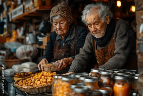 An elderly couple carefully handles produce at a local food bank  dedicating time to help others.