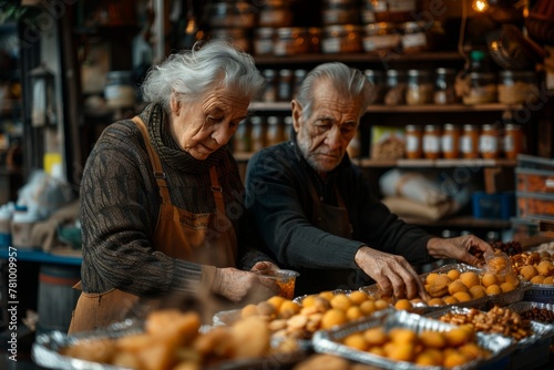 An elderly couple carefully handles produce at a local food bank, dedicating time to help others. photo