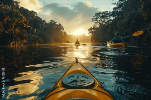 A serene view from the perspective of a kayak, following another across a calm river at sunrise. © Good AI