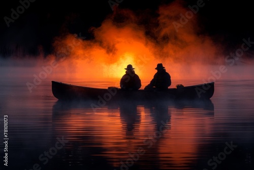 Two silhouetted figures canoeing in the early morning mist, with a dramatic sunrise in the background.