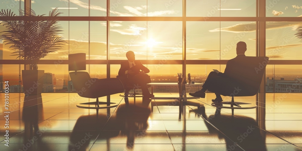 Two men are sitting in chairs in a room with a large window. The sun is setting, casting a warm glow on the scene. The men are dressed in business attire, and there is a potted plant in the room Two men are sitting in chairs in a room with a large window. The sun is setting, casting a warm glow on the scene. The men are dressed in business attire, and there is a potted plant in the room