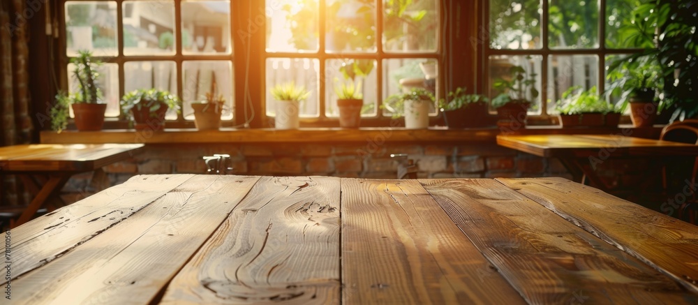 A simple wooden table is placed in front of a large window letting in natural light A simple wooden table is placed in front of a large window letting in natural light
