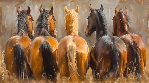 portrait oil painting features a group of majestic horses standing in the row, luxury vintage moody farmhouse wall art, digital art print, wallpaper, background