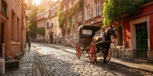 A horse and carriage ride down a cobblestone street. The scene is set in a small town with a lot of buildings