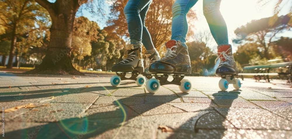 Fototapeta premium Two people are riding roller skates in a park. The skaters are wearing blue jeans and red shoes