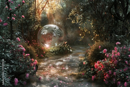 A glowing orb that glows within the heart of a tranquil garden. photo