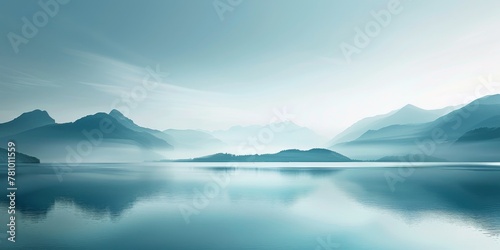 A serene and peaceful landscape with a large body of water and mountains in the background. The sky is clear and blue  and the water is calm and still. Concept of tranquility and calmness