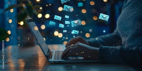 A person is typing on a laptop with a lot of emails flying around them. Concept of busyness and productivity, as the person is likely working on a project or responding to a large number of emails