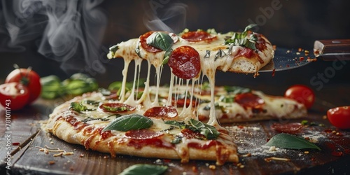 A slice of pepperoni pizza with melted cheese is being served on a wooden table. The pizza is cut into pieces and a fork is being used to serve it. The pizza is accompanied by a few tomatoes