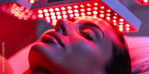 A woman's face is being treated with a red light therapy. The woman is laying down on a bed