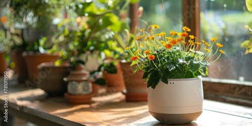 A white flower pot with a yellow flower in it sits on a wooden table. The pot is surrounded by other pots of various sizes and colors. Concept of warmth and coziness, as the flowers