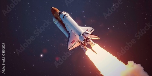 A space shuttle is in the air, with a bright orange flame trailing it. Concept of excitement and wonder, as it captures the moment of a rocket launch photo