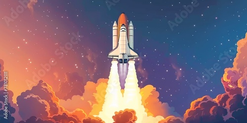 A space shuttle is flying through the sky with a bright orange trail behind it. The image has a dreamy, ethereal quality to it, with the orange trail giving it a sense of movement and energy