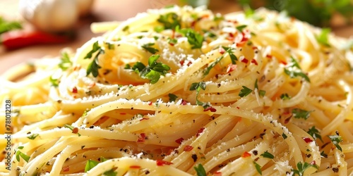 A plate of pasta with cheese and parsley on top. The pasta is long and white. The parsley is sprinkled on top of the pasta, giving it a fresh and healthy appearance
