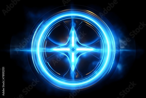 Glowing power symbol on a futuristic computer interface, isolated on white background