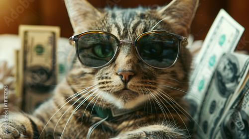 cute cat wearing glasses holding money money growth Business marketing financial fredo photo