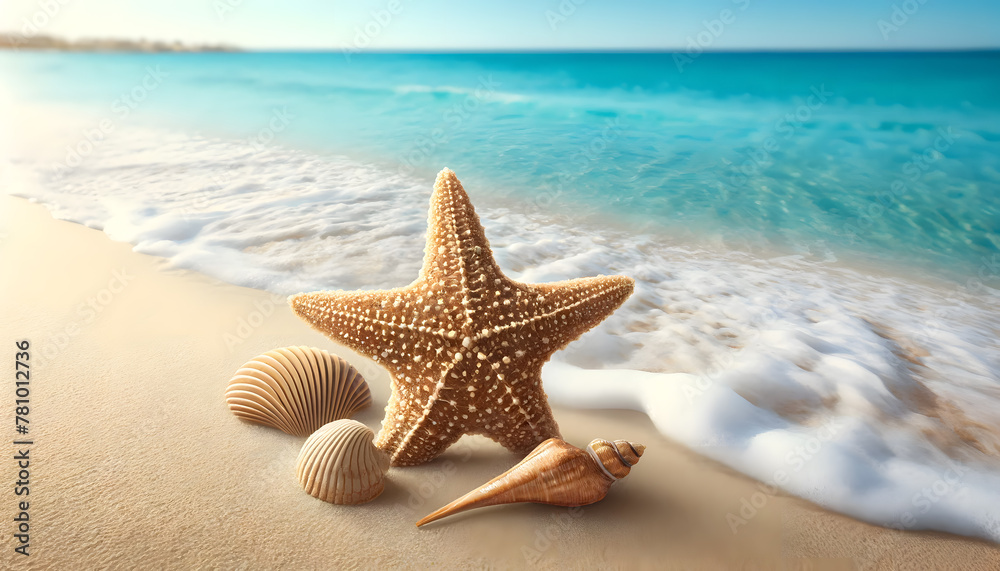 Starfish and seashells lie in the foreground on the bright, fine sand. Starfish and seashells lie in the foreground on the bright, fine sand.