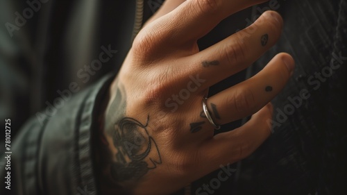 Close-up of tattooed hand with rings delicately holding black garment
