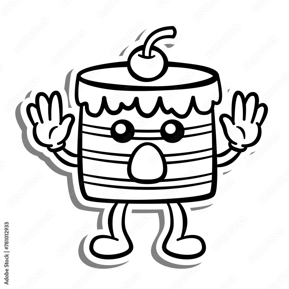 Black line Retro Cartoon Cake Giving up. on white silhouette and gray shadow. Doodle Style Vector illustration for decorate, coloring and any design. Black line Retro Cartoon Cake Giving up. on white silhouette and gray shadow. Doodle Style Vector illustration for decorate, coloring and any design.