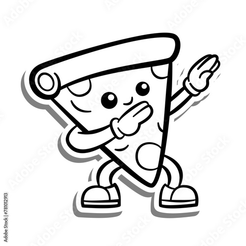 Black line Retro Cartoon Pizza doing Dabbing. on white silhouette and gray shadow. Doodle Style Vector illustration for decorate, coloring and any design.