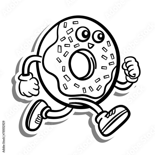 Black line Retro Cartoon Donut Running. on white silhouette and gray shadow. Doodle Style Vector illustration for decorate, coloring and any design.