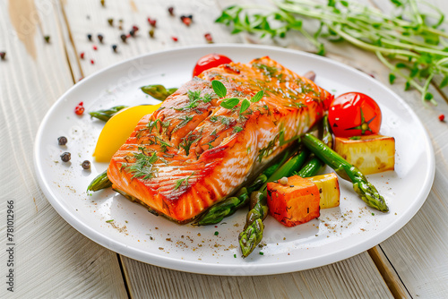 baked, salmon, fillet, asparagus, vegetables, white plate, wooden background, food, cuisine, gourmet, delicious, healthy, meal, dinner, seafood, cooking, culinary, dish, fresh, nutrition, cooking, kit