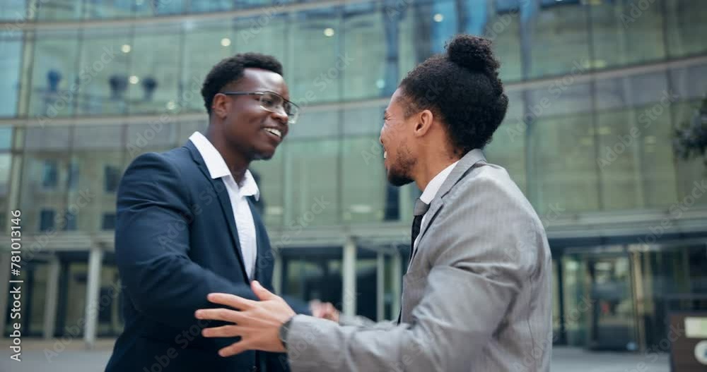 Business men, handshake and hug at office for deal congratulations, opportunity or happiness. Male people, colleagues and corporate building in city as financial advisor job, embrace or partnership Business men, handshake and hug at office for deal congratulations, opportunity or happiness. Male people, colleagues and corporate building in city as financial advisor job, embrace or partnership