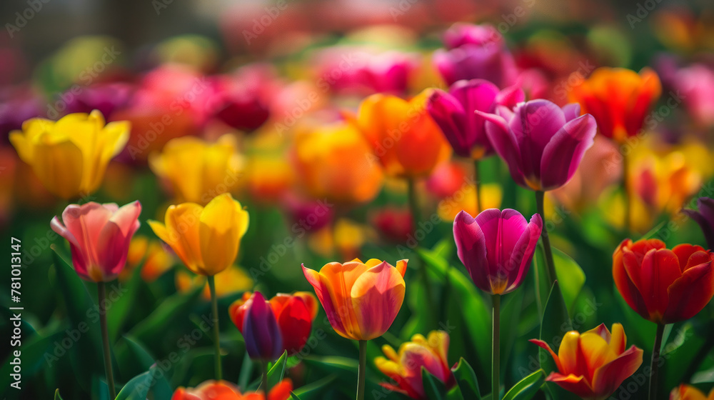Lush tulips in full bloom showcasing a vivid spectrum of colors in a lush garden setting